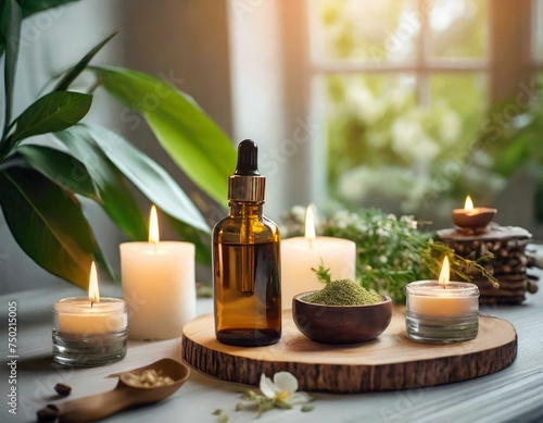  a composition of essential oil bottles and candles sets the mood. Relaxation and stress relief. beauty salon or online shop for beauty products