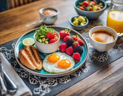 A vibrant and colorful food setting for breakfast, showcasing a modern and contemporary style, healthy European breakfast 