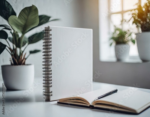 Art of journaling, featuring a notebook with open blank page with space for mockup with coffee, ready for writing the thoughts, clean and tidy morning or evening routine for the mindfulness lifestyle