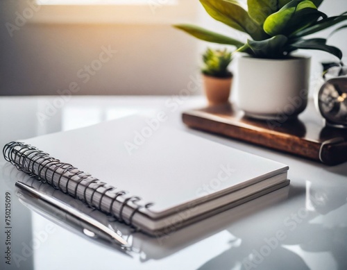 Art of journaling, featuring a notebook with open blank page with space for mockup with coffee, ready for writing the thoughts, clean and tidy morning or evening routine for the mindfulness lifestyle