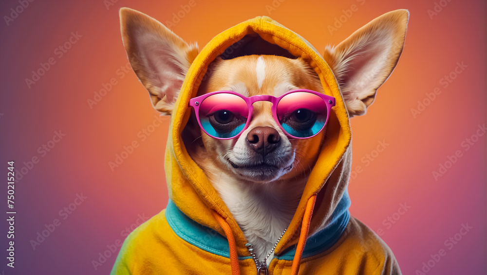 fashionable beautiful  dog with sunglasses and hoodie