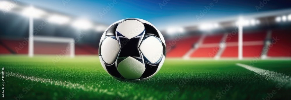 Naklejka premium Soccer ball rests on grass of green field in front of majestic lit up, creating exciting atmosphere stadium. Scene captures essence of game, ready for action, excitement. Advertising, banner, print.
