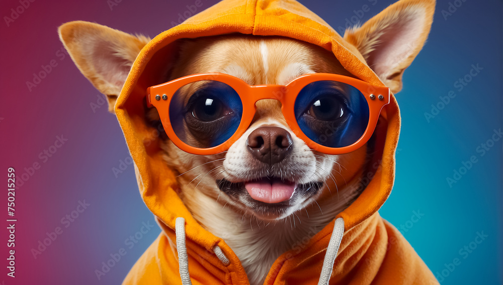 fashionable dog with sunglasses and hoodie looking