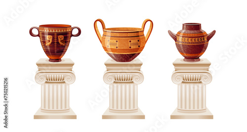 Ancient Greek Roman pottery. Vase, jar and pot. Antique ceramic vessels on old white column. Ancient earthenware with traditional vase paintings. 3d Greek Roman pottery on pillars, vector illustration