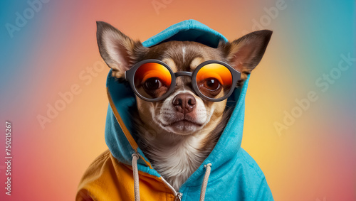 fashionable dog with sunglasses and hoodie style