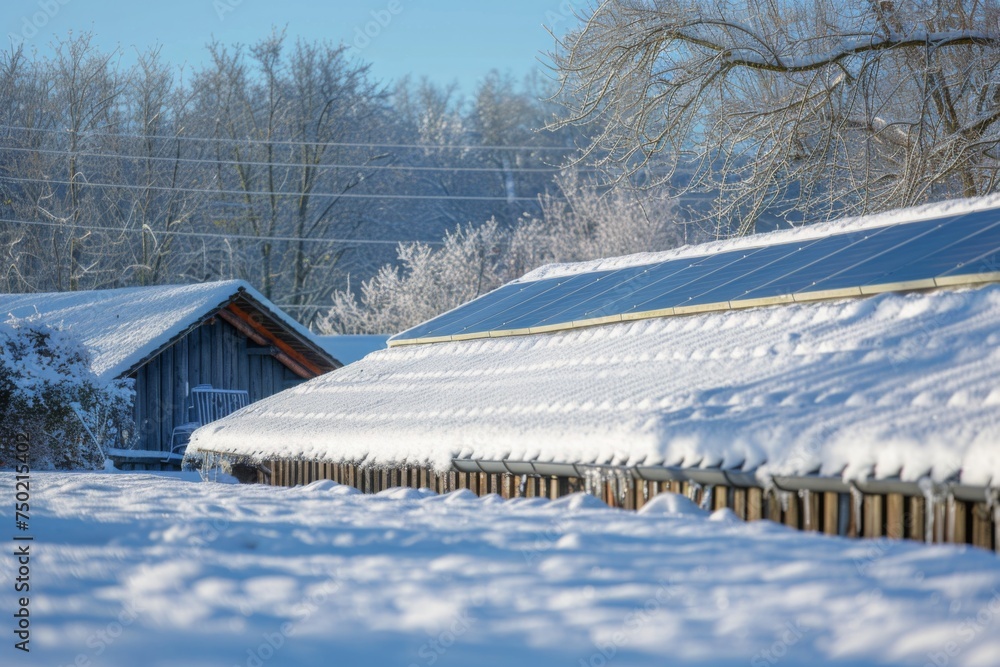 Snow-covered rooftops with solar panels on a sunny winter day, highlighting sustainable energy in a picturesque rural setting. Concept of renewable energy, winter, and rural life.