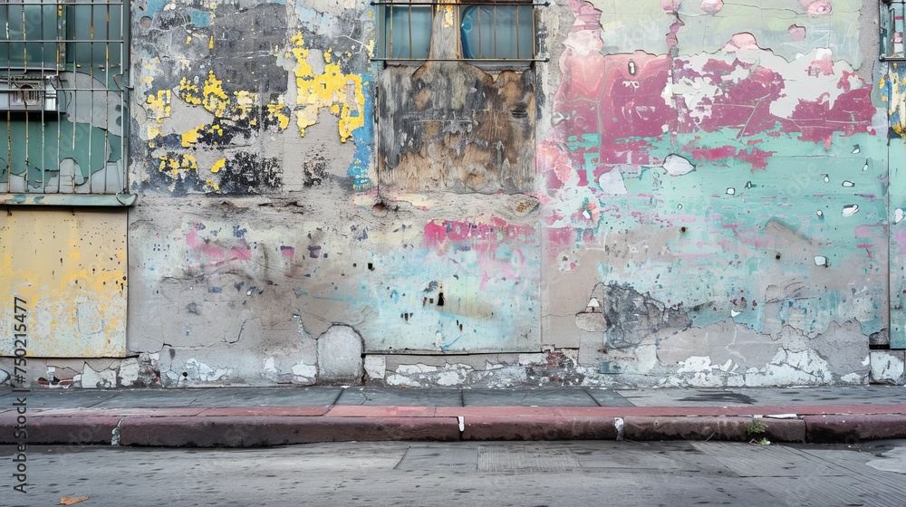 On the street, a grungy building's shabby wall displays colorful stains peeking from beneath crumbling gray paint