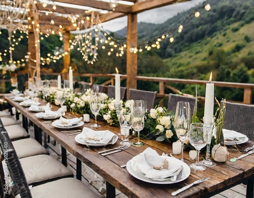 Wedding table setting. hall decoration with a lot of string lights and candles. festive table for wedding celebrations  romantic and outdoor wedding set up
