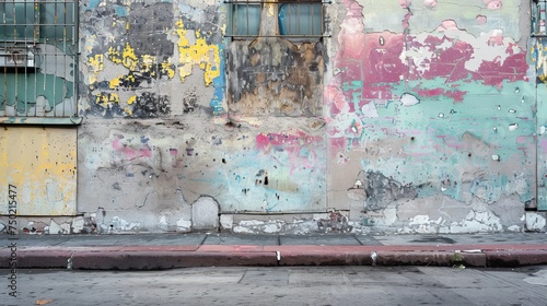 On the street, a grungy building's shabby wall displays colorful stains peeking from beneath crumbling gray paint