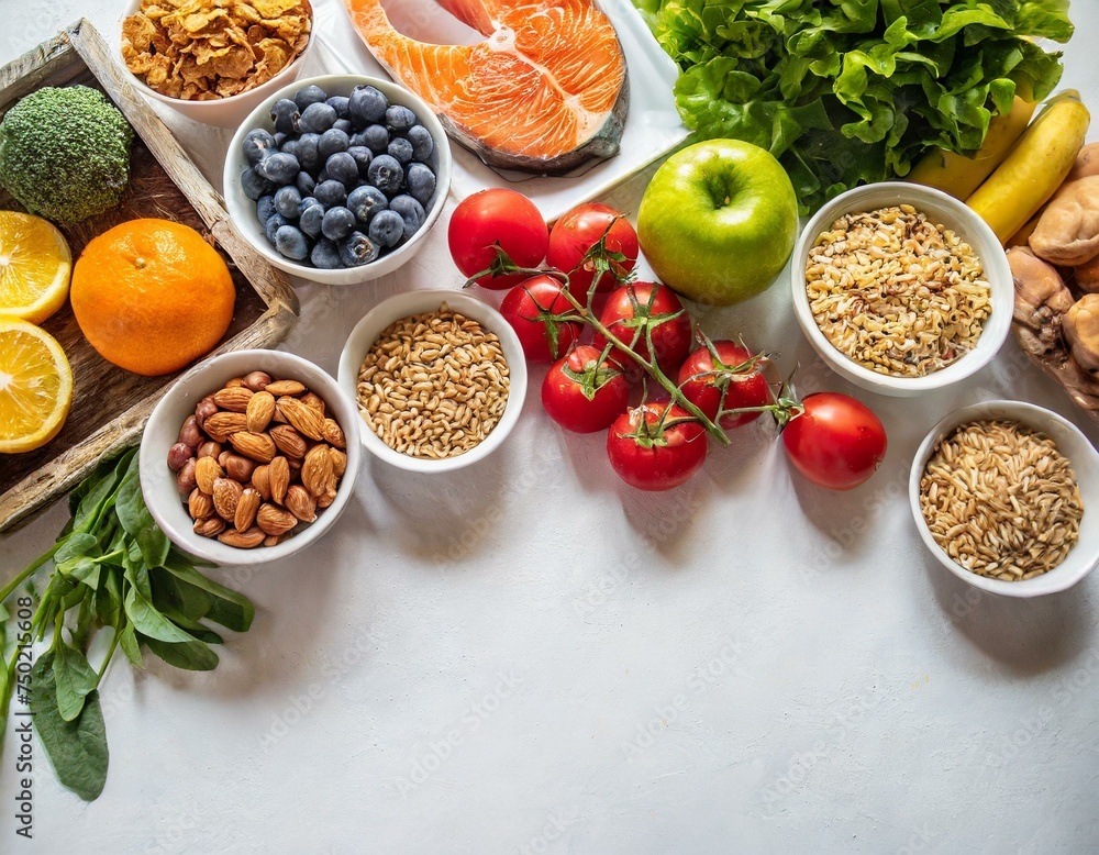 Balanced meals artfully arranged on a white background, featuring colorful fruits, vegetables, healthy lifestyle concept Balanced meals artfully arranged on a white background, featuring colorful fruits, vegetables, healthy lifestyle concept