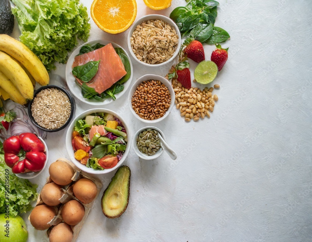 Balanced meals artfully arranged on a white background, featuring colorful fruits, vegetables, healthy lifestyle concept Balanced meals artfully arranged on a white background, featuring colorful fruits, vegetables, healthy lifestyle concept