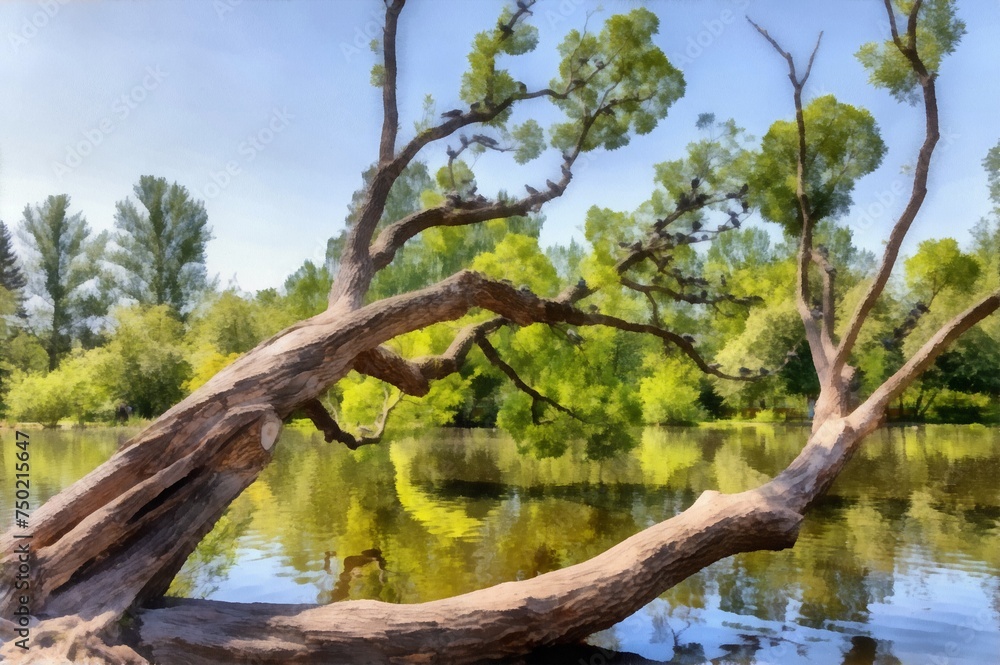 Illustration of a Group of brown willow trees with green fresh leaves and birds are by a pond on a blurred background in a park in spring