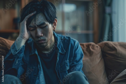 Young man sitting on a couch with a distressed expression, holding his head in his hand, depicting stress and emotional struggle. Concept of mental health, anxiety, and depression.
 photo