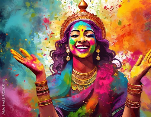 Indian holi festival, happy holi background with happy joyfull woman enjoying the holi celebration