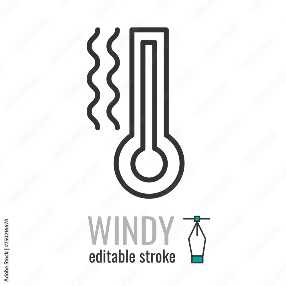 Wind or windy weather line icon. Linear style termometer with cool air symbol. Blowing sign. Editable stroke. Vector graphics illustration EPS 10 Wind or windy weather line icon. Linear style termometer with cool air symbol. Blowing sign. Editable stroke. Vector graphics illustration EPS 10