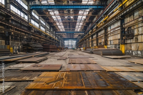 Industrial background with stacks of steel sheets in metal factory warehouse. Metalworking, manufacturing, and construction materials. Heavy industry concept for business, engineering, or industrial