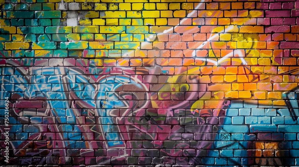 The brick wall is adorned with vibrant graffiti, creating a colorful background The brick wall is adorned with vibrant graffiti, creating a colorful background