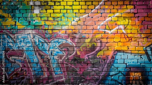 The brick wall is adorned with vibrant graffiti, creating a colorful background