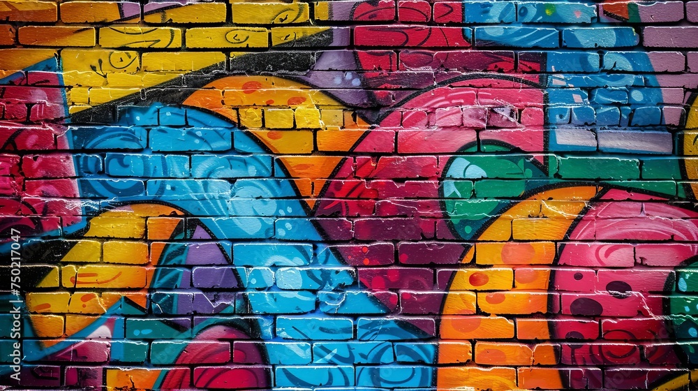 The brick wall is adorned with vibrant graffiti, creating a colorful background The brick wall is adorned with vibrant graffiti, creating a colorful background