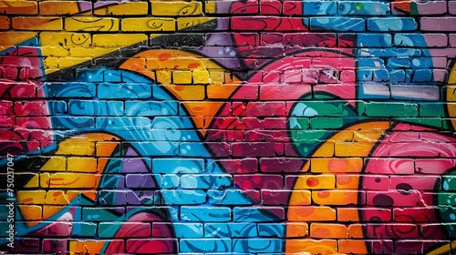 The brick wall is adorned with vibrant graffiti, creating a colorful background