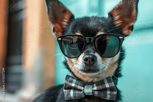 Fashionable Chihuahua Dog with Black Sunglasses and Plaid Bowtie