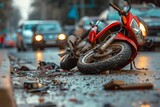 Crashed motorcycle accident scene on city street. Broken bike after traffic collision, damaged vehicle on asphalt road. Personal injury lawyer service, insurance claim process concept for web banner