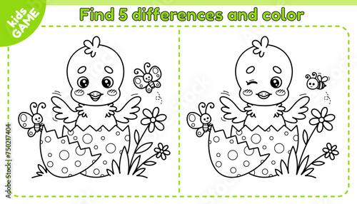 Easter kids game Find 5 differences with chick hatched from egg. Small chicken in cracked egg. Spot the differences. Educational worksheet for children. Vector outline design on spring holiday theme.