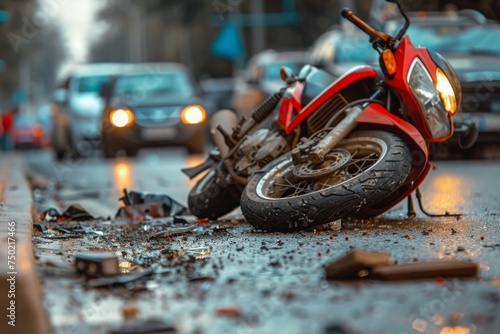 Crashed motorcycle accident scene on city street. Broken bike after traffic collision, damaged vehicle on asphalt road. Personal injury lawyer service, insurance claim process concept for web banner