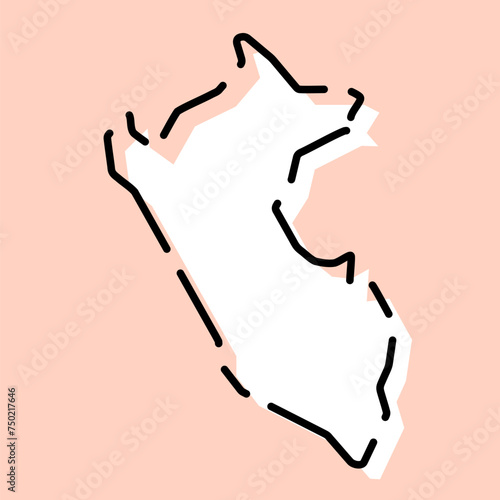 Peru country simplified map. White silhouette with black broken contour on pink background. Simple vector icon