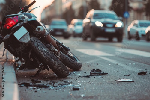 Broken motorcycle after traffic accident crash on urban street. Damaged motorbike on asphalt road, personal injury insurance claim concept. Road safety awareness campaign, defensive driving tips blog 