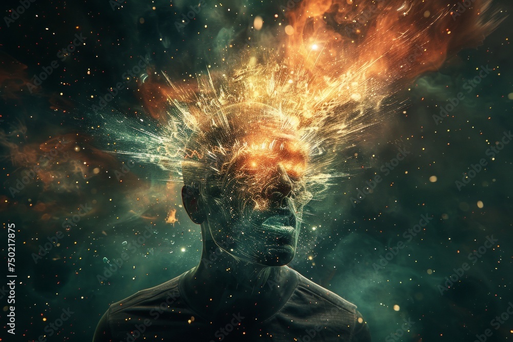 exploding human head, imagination and creative mind, annual collective mind concept art - obrazy, fototapety, plakaty 