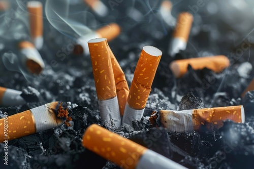 Close-up of extinguished cigarettes in ash, representing the harmful effects of smoking and the concept of quitting
 photo