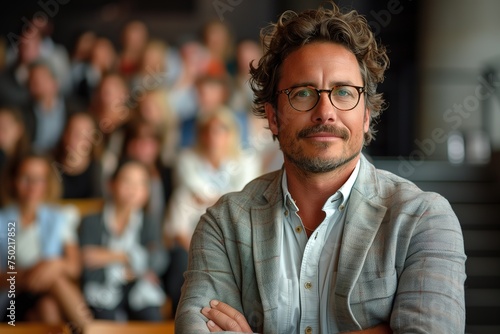 Man With Glasses Sitting in Front of Group of People