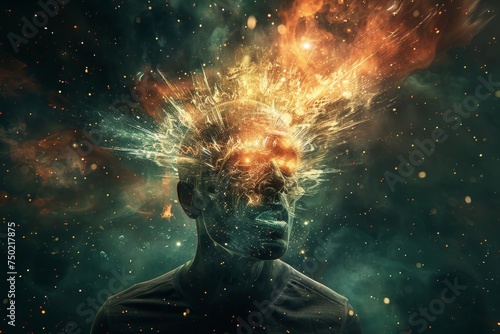 exploding human head, imagination and creative mind, annual collective mind concept art photo
