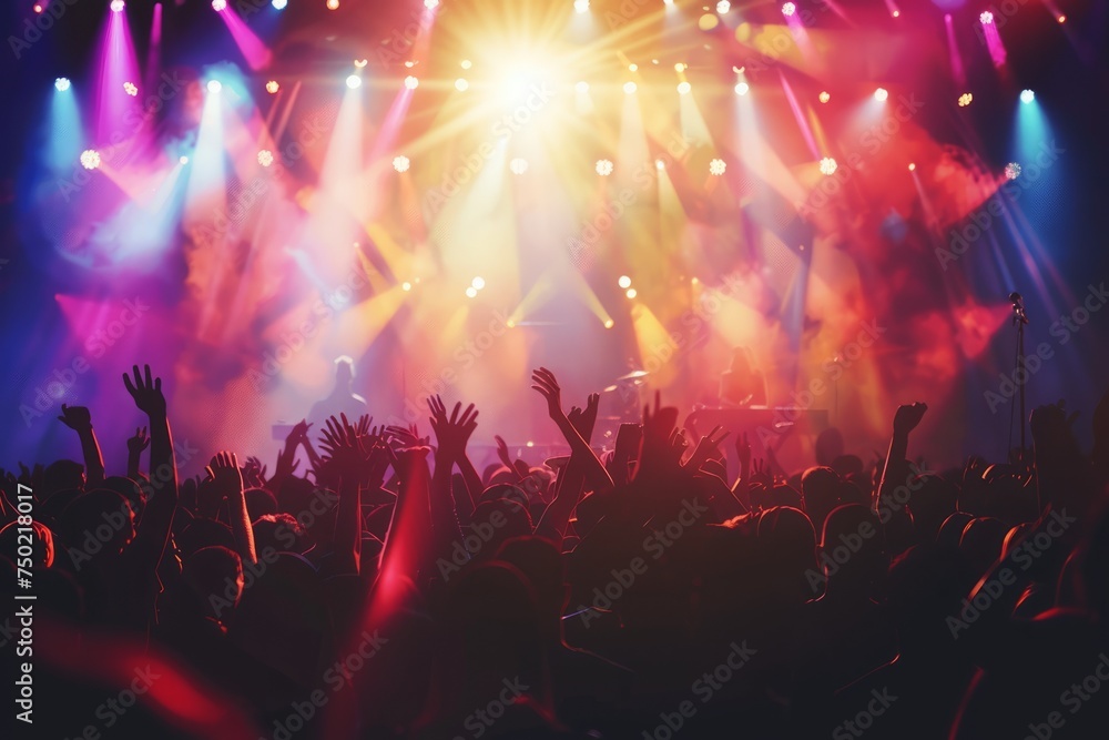 silhouettes of concert crowd in front of bright stage lights - obrazy, fototapety, plakaty 