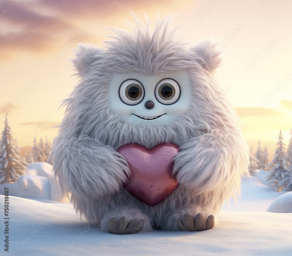 3d rendering of a cute snowman with heart in the winter forest, Ai Generated