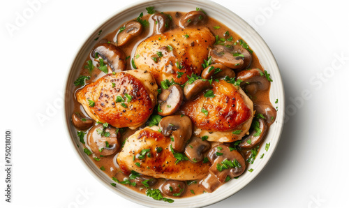 Grilled chicken thighs with mushroom Marsala sauce. Top view studio food photography isolated on white background. Gourmet cooking and recipe concept. Design for cookbook, menu, culinary blog