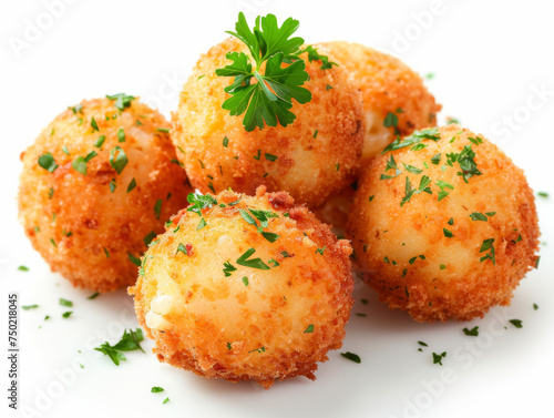 Arancini, crispy fried rice balls with melted cheese center, garnished with parsley, top-down view isolated on white background. A delightful Sicilian appetizer concept for design and print