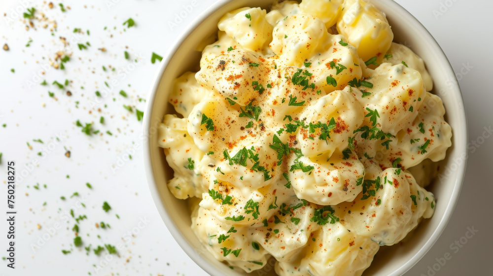 Classic creamy potato salad in a bowl, top-down view with copy space isolated on white background. A staple at any outdoor gathering concept for design and print