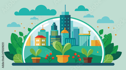 Urban Skyline Enclosed in Glass Dome With Foliage