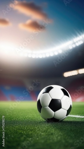 Soccer ball rests on grass of green field in front of majestic lit up  creating exciting atmosphere stadium. Scene captures essence of game  ready for action  excitement. Advertising  banner  print.