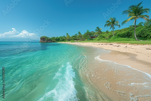 Beautiful beach landscape, featuring golden sands, azure waters, and a serene horizon. © maxdesign202