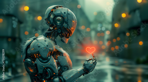 Robot hold a heart in his hand with love