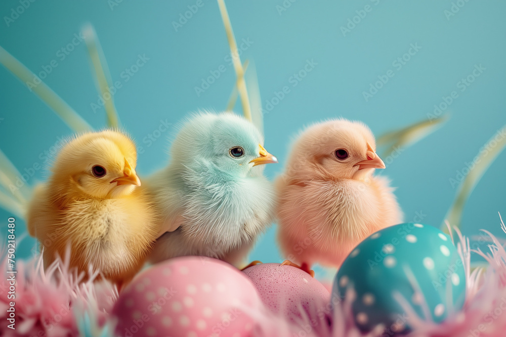 Three baby chicks are sitting on a bed of straw with two eggs in front of them. The chicks are of different colors, with one being blue, one being yellow, and one being pink. The scene is peaceful