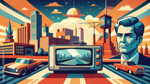 Retro Cityscape With Vintage Television and Classic Cars