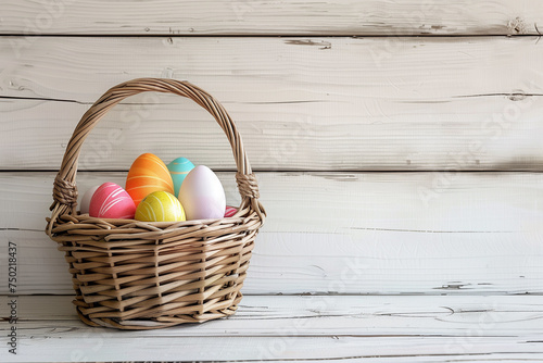 Easter eggs in the basket of wooden boards. 