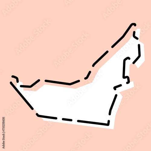 United Arab Emirates country simplified map. White silhouette with black broken contour on pink background. Simple vector icon