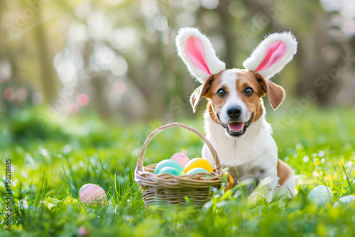 A dog wearing bunny ears is sitting in a grassy field with a basket of Easter eggs. The scene is lighthearted and playful, with the dog looking at the camera