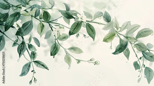 A serene border of botanical elements  painted in watercolor  featuring subtle green hues and delicate little flowers