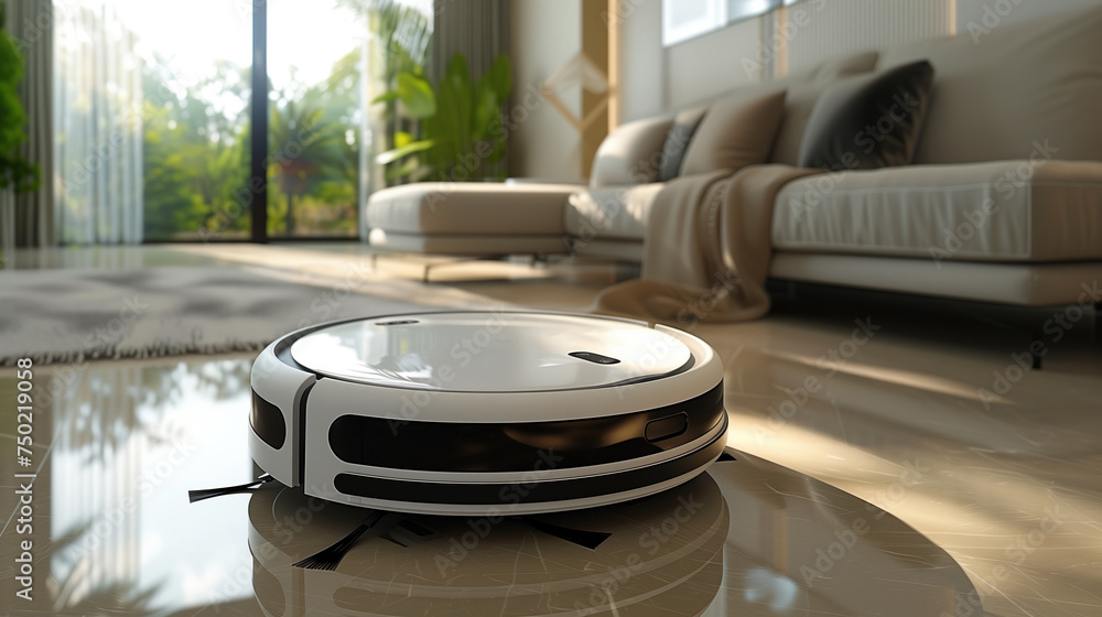 a robot vacuum cleaner cleaning a living room in a sleek style white background a robot vacuum cleaner cleaning a living room in a sleek style white background